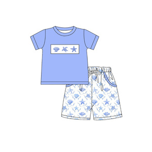 Précommande MOQ 5 Trendyism Boutique Vêtements pour bébés filles et garçons, imprimés de vacances, en Spandex doux/Coton biologique, motifs coquillages, tortues, étoiles de mer, pour frères et sœurs - Product Image 2