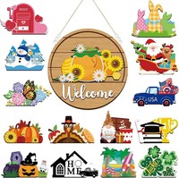 Set Tanda Selamat Datang 16-Piece yang Dapat Diganti, Karangan Bunga Bulat Kayu Buatan Bergambar Kartun, Dekorasi Natal Musiman