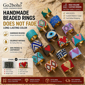 Go2boho fatto a mano anello di perline regolabile, anello aperto a banda larga arcobaleno bohémien con Miyuki Delica perline motivo geometrico - Product Image 1