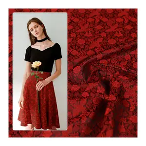 Low MOQ red color phoenix piercing peonyplain pattern design jacquard brocade silk fabric for clothing