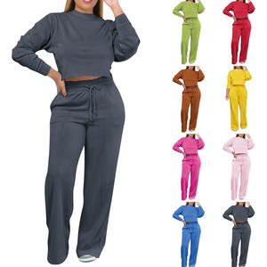 Conjunto de Pantalones de Punto de Color Sólido para Mujer con Top Corto y Corte Regular, Hecho de Mezcla de Algodón, Cómodo para el Uso Diario - Product Image 6