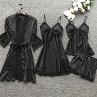 Ensemble de lingerie pour femmes, 4 pièces, haut en satin à dentelle florale, pyjama avec robe, ensemble de lingerie confortable et respirant, robe de nuit
