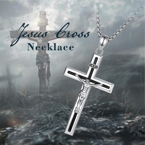 Collar con Colgante de Cruz INRI de Cobre Chapado en Rodio, Esmalte Negro, Joyería Religiosa Católica al por Mayor para Hombre - Product Image 5