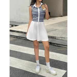 Robe mini sans manches rayée pour femme avec poches, coupe ample, tenue décontractée d'été, col polo, tissu tissé respirant - Product Image 5