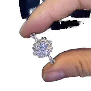 Luxury 925 <b>Sterling</b> <b>Silver</b> Rhodium Plated Engagement <b>Ring</b> 1CT Oval VVS D Color Moissanite Flower Designed Prong <b>Set</b> Bands for - Product Image 1