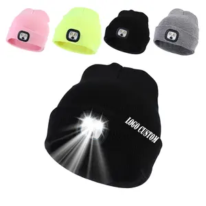 Rechargeable Led Beanie With Adjustable Lightness Custom Woven Label Led Light Hat For Outdoor Fishing Cycling Hiking