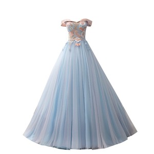 Off The Shoulder Light Blue Tulle Ball Gown Floral Print Empire Waist Evening Dress For Women Adult - Product Image 5