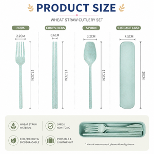 Ensemble de couverts portables en paille de blé, écologiques, réutilisables, cuillère, fourchette, baguettes, vaisselle de voyage avec étui, sans BPA - Product Image 4