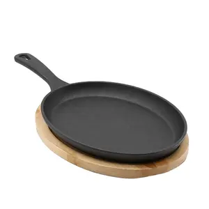 Wholesale Factory Supply 25CM Cast Iron Steak Plate Grill Sizzling Fajita Skillet Set with Handle and Wooden Base