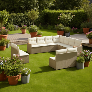 Ensemble de canapés de jardin modulaires en rotin PE beige, mobilier d'extérieur, coussins en mousse haute densité - Product Image 2
