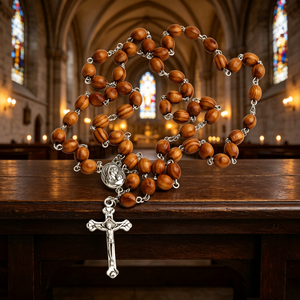 Rosario de Madera con Cuentas y Crucifijo Plateado INRI, Joyería Religiosa Cristiana, Unisex, Hecho a Mano, Chapado Antiguo - Product Image 5