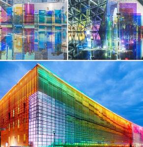 ฟิล์ม PET ไดโครอิกสีรุ้งหลากสีแบบเปลี่ยนสีได้สำหรับอาคารสำนักงานสมัยใหม่ สติ๊กเกอร์ติดกระจกสีแดงน้ำเงินรุ้ง สำหรับงานสถาปัตยกรรม - Product Image 3