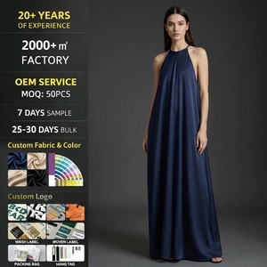 Robe de soirée élégante et luxueuse bleu marine satiné, col halter, dos nu, sans manches, coupe fluide, style swing, personnalisable OEM ODM - Product Image 1
