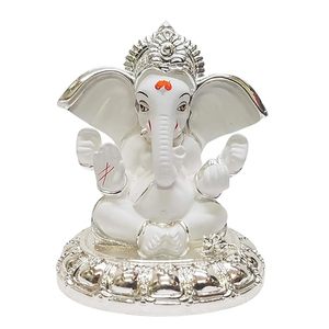 Decoración Artesanal Ecológica, Ídolo del Señor Ganesha con Acabado Plateado y Adornos de Piedra, para el Hogar, Templo, Sala de Puja, Coche, Cumpleaños - Product Image 5