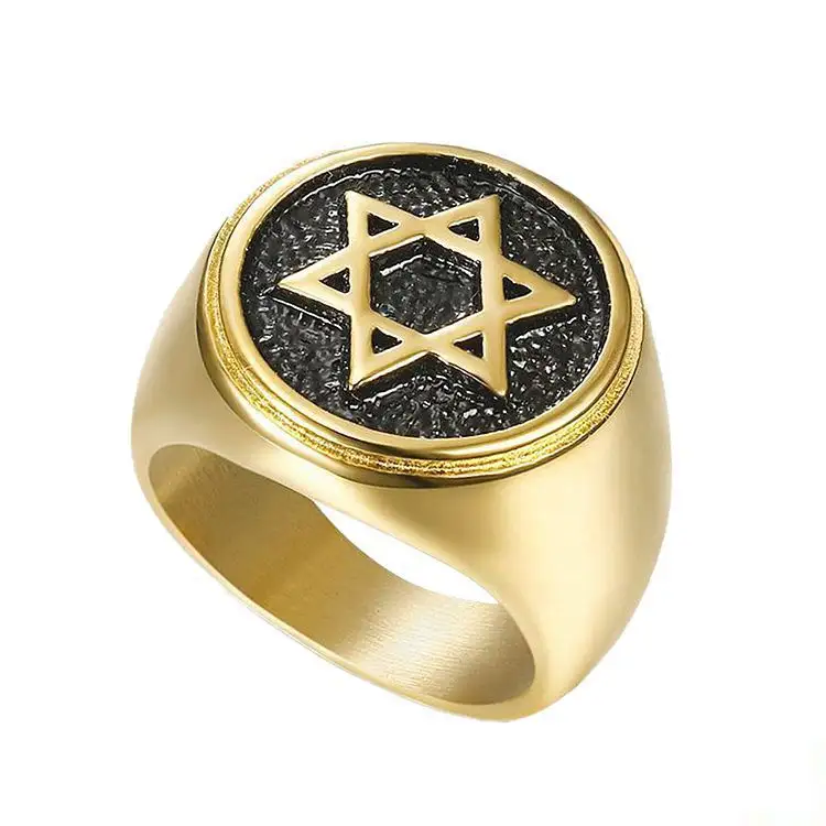 2021 neuer heißer Stil israel jüdischer Ring Edelstahl 18K Gold plattiert Stern Davids-Herrenring