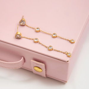 Heart Shape Drop <b>Earrings</b> Gold Plated Zircon Chain Party Jewelry Stainless Steel <b>Studs</b> Elegant Fashion Accessory - Product Image 4