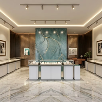 Conception intérieure complète de bijouterie de luxe bleu foncé avec éclairage LED et vitrine murale durable, solution clé en main