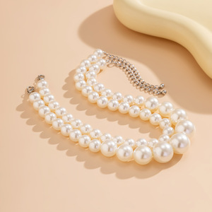Europa América exagera el temperamento perlas grandes Gargantilla Cadena de clavícula versátil collar de perlas de imitación multicapa - Product Image 5