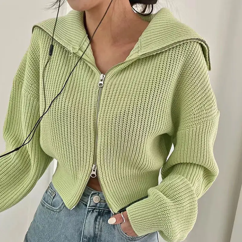 Wholesale 2023 Autumn Gentle Small Fresh Lapel Double Zipper Design Loose Long Sleeve Knitted Cardigan Women's Sweater