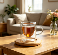 Mug en verre borosilicate à double paroi droit avec poignée et sous-verre en bois – Ensemble de tasses à café isolées transparentes pour thé, latte, maison et bureau