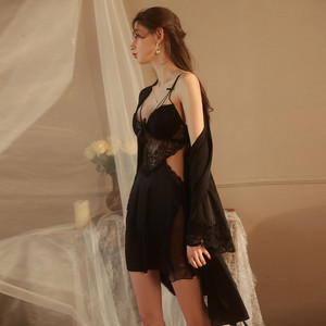 XX72 Solid Soft Women's Sexy Chest Pad Backless Suspender Silk Satin Nightgown Bath Home Wear Suit <strong>Black</strong> <strong>Nightdress</strong> - Product Image 5