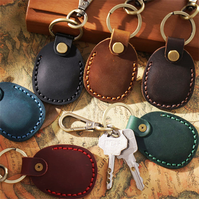 Vintage PU Leather Access Card Holder Keychain Minimalist Hanging Key Fob Protective Case