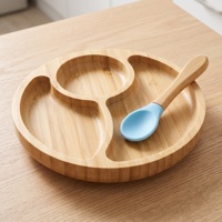 Assiette ronde en bambou divisée, assiettes à ventouse en bambou, assiette pour bébés et tout-petits avec cuillère en silicone