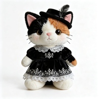 Boneka Kucing Lolita Calico, Mainan Kucing Boneka yang Menggemaskan dengan Hiasan Bulu, Topi, Gaun Renda Hitam Elegan, Boneka Kucing Lucu