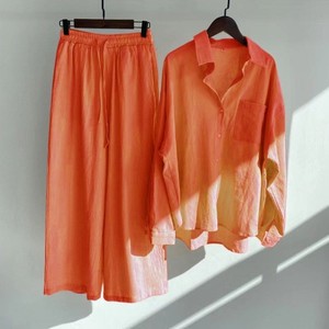 Completo 2 Pezzi in Cotone e <span class=keywords><strong>Lino</strong></span> da <span class=keywords><strong>Donna</strong></span>: <span class=keywords><strong>Pantaloni</strong></span> Larghi a Vita Alta con Lacci e Camicia Tinta Unita, Casual e alla Moda - Product Image 5