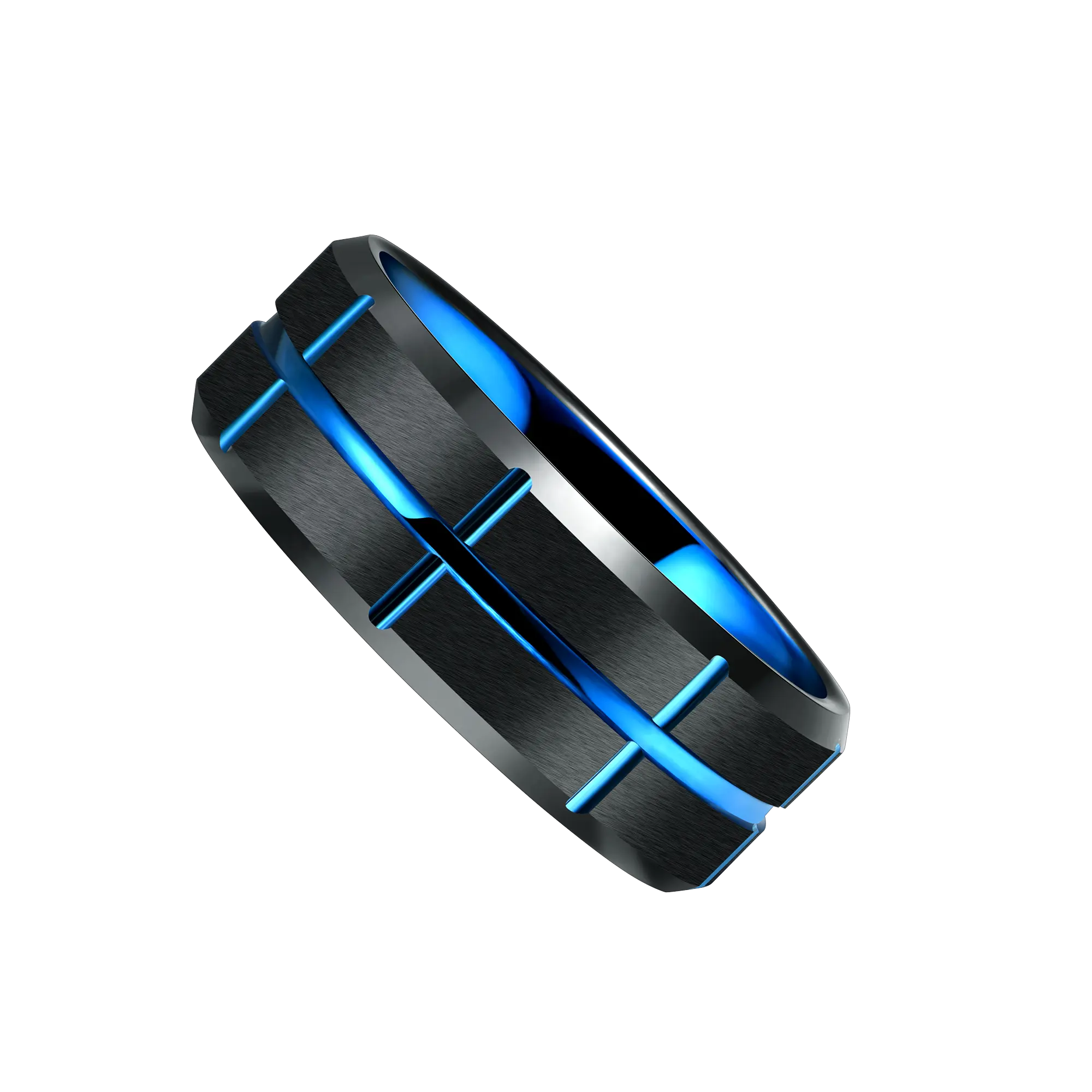 แหวนแซฟไฟร์ทังสเตนคาร์ไบด์สีน้ำเงิน8มม.,เครื่องประดับกวางโจวเคลือบแหวนบุรุษสีดำพร้อมร่องสีน้ำเงิน