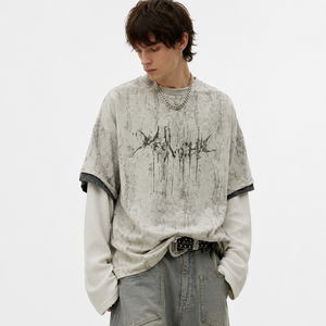 เสื้อยืดคัสตอมสองชั้น วินเทจ ล้างสีแล้ว ทรงโอเวอร์ไซส์ พิมพ์ลายกราฟิก ผ้าวาฟเฟิล แขนยาว สตรีทแวร์ เสื้อยืดหนาน้ำหนักมาก เสื้อยืดผู้ชาย - Product Image 1