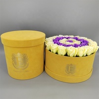 Kotak Kaku Mewah Berbahan Beludru Motif Bunga Baru dengan Lapisan UV & Embossing, Kemasan Hadiah Bunga Bulat Warna Kuning untuk Florist