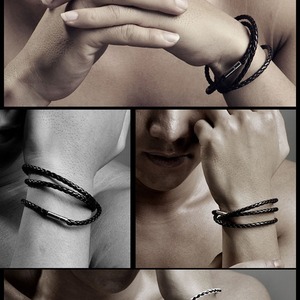 สร้อยข้อมือหนังถักหลายชั้นสำหรับผู้ชาย ขนาด 4 มม. ยาว 60 ซม. พร้อมตัวล็อกแม่เหล็ก เครื่องประดับแฟชั่น - Product Image 3