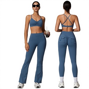 Women's Gym Fitness Set-3 Pieces High Waist Yoga Shorts Sports Bra Flared Leggings Solid Active Wear Athletic Outfit