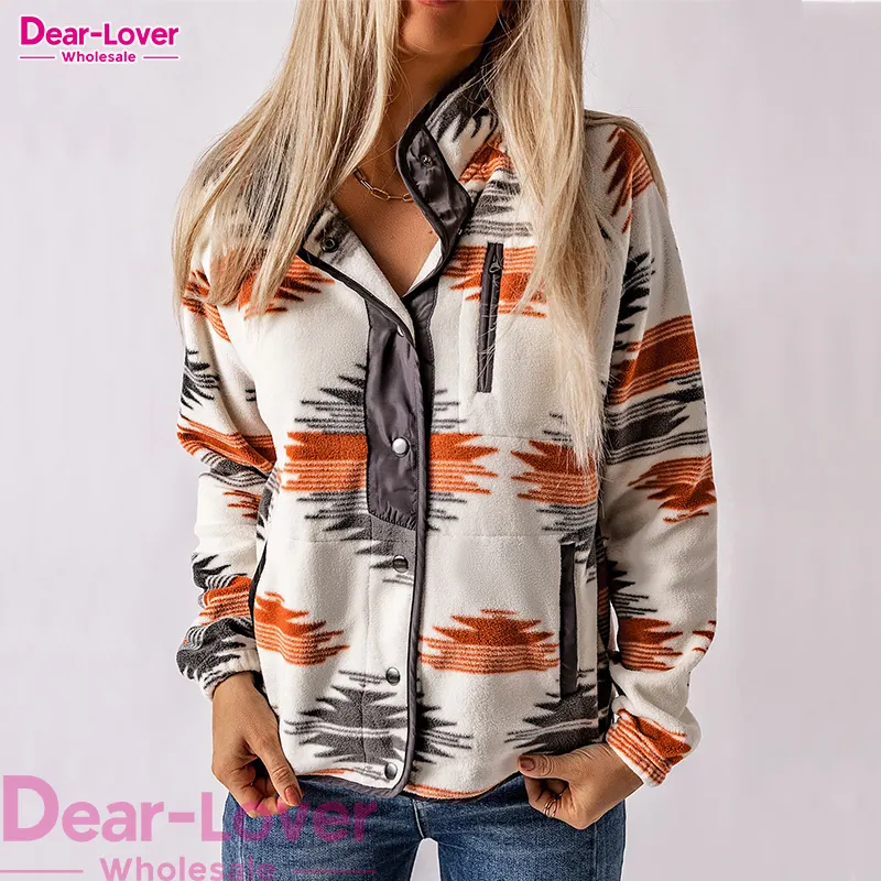 Dear-Lover Ropa de mujer Chaqueta de invierno Western Aztec Snap Buttoned Fleece Chaqueta de mujer