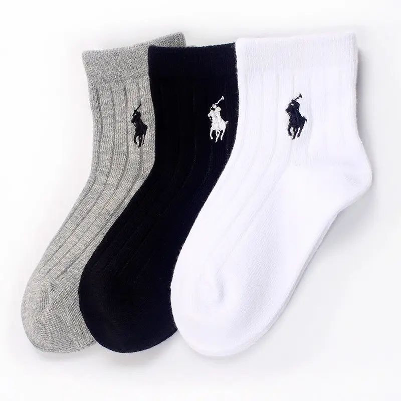 Chaussettes en coton pour garçons, de haute qualité, noir, blanc, gris, avec cheval brodé, chaussettes de printemps et d'été pour enfants
