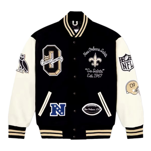 Wholesale Premium Quality Varsity <b>Jacket</b> Men Wool Blend Embroidered Patch Design Black Cream Preppy Style Autumn Wear <b>Jacket</b> - Product Image 1