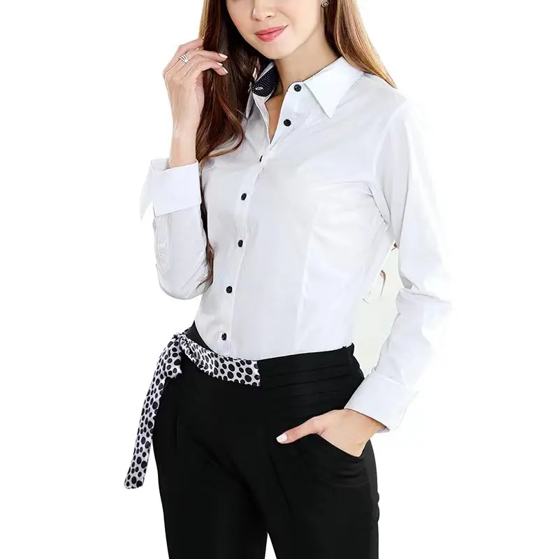 Camicia da donna abbottonata camicetta da camicia formale elasticizzata in cotone a maniche lunghe