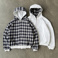 YSJY OEM Streetwear Hoodie Bolak-Balik Unisex 100% Katun Ukuran Besar dengan Ritsleting, Hoodie Plaid Zip Up untuk Pria