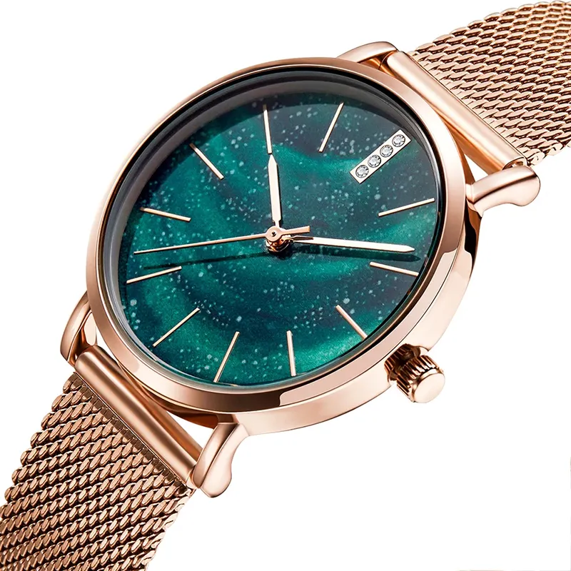 Women Watches Starry Green Dial Reloj Mujer Ladies Wristwatch Ultra-thin Stainless Steel Strap Quartz Montre Femme Watch