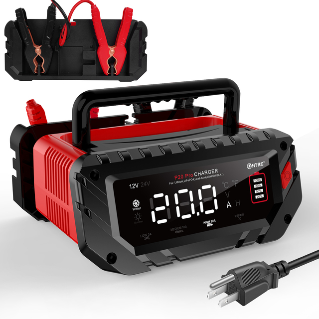 HTRC20 Fully-Automatic Smart 12V/24V Battery Charger Electric Lithium Lifepo4 Float Charger 20 Amp for Car Repair Float Charging