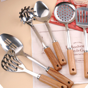 Stainless Steel Kitchen Utensil Set With Wooden Handles 6 Pieces Heat Resistant <b>Cooking</b> Tools For Non Stick Pan Use - Product Image 1