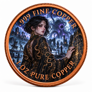 Moneta commemorativa da 1 Oz in rame puro .999, con rilievo di Strega Marina con tentacoli e pietra runica, stile Dark Fantasy, Medaglia Challenge Coin - Product Image 1