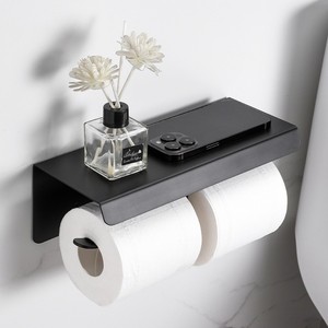 Duvara Monte Edilen Çift Rulolu Tuvalet Kağıdı Tutucu, Telefon Raflı, Delme Gerektirmeyen Paslanmaz Çelik Banyo Kağıt Havlu Askısı - Product Image 1