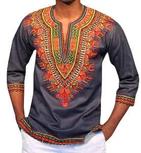 Kemeja cetak Afrika pria, dashiki untuk mode atasan kaus dengan boubou tradisional