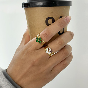 Four Leaf Clover Stacked <b>Rings</b> 18K <b>Gold</b> Plated Emerald And Diamond Women's Jewelry Gift Fashion <b>Ring</b> <b>Set</b> - Product Image 4