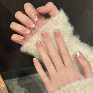 Xuannail First Love New Cat's Eye French Blanchiment Press-On False Nail Art 24pcs Poudre Cercueil Pur Porté À La Main Artificiel - Product Image 4