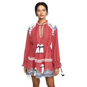 Women Red Long Sleeves Blouses Embroidery Fringe Blouses Full OEM Service Adults Chiffon Print Autumn Long Shirt Girls Size Full