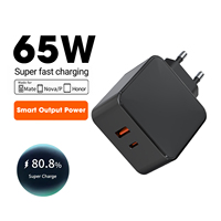 Adaptador de Corriente GaN de 65W con Tres Puertos, Tipo-C y USB, Carga Rápida PD y QC3.0 para Laptops y MacBook Pro (Enchufe EU/UK)
