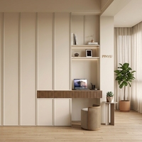 Armoire de chambre principale à panneaux coulissants en noyer foncé, avec espace indépendant pour lit et coin coiffeuse